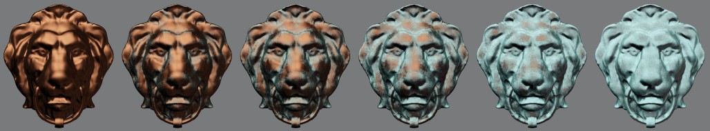 An increasingly patinated copper lion head